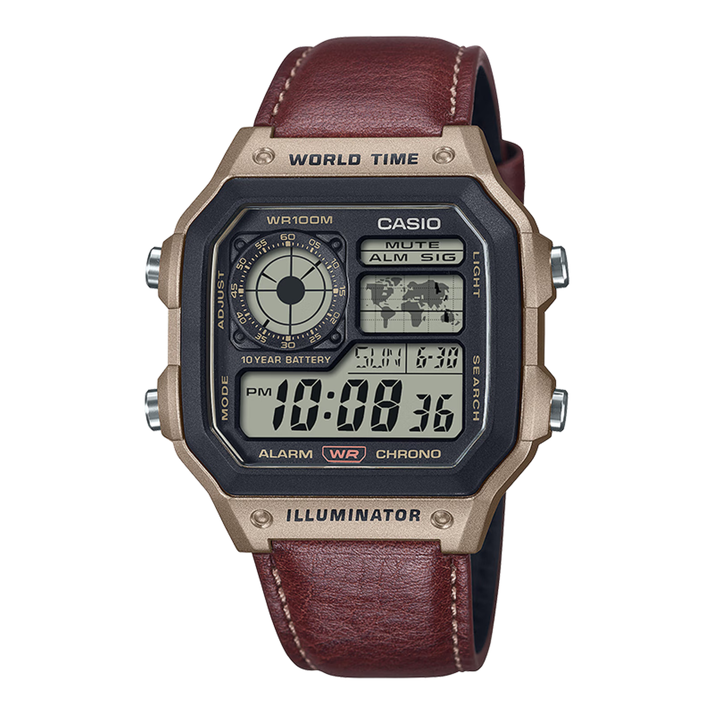 卡西欧白底图（用户的唯一输入）—— CASIO WR100M 世界时系列方形数字显示手表，棕色真皮表带款