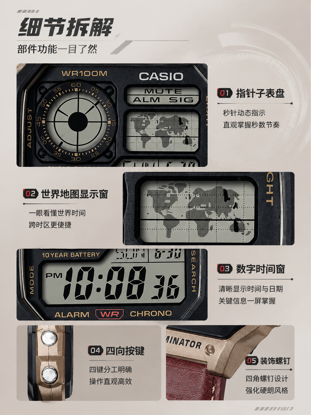 卡西欧详情页 08：细节拆解——表耳衔接自然、按键分区清晰、双显结合尽收眼底