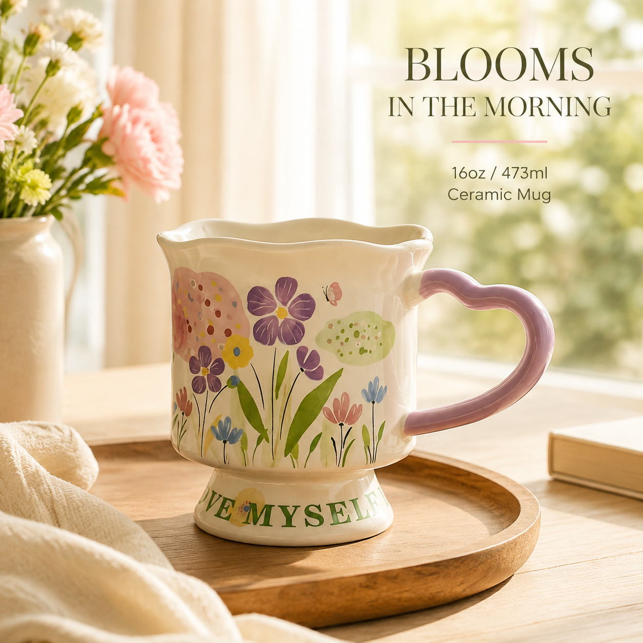 跨境主图·容量对照场景——杯子在木盘上 + 花束参照物 + BLOOMS IN THE MORNING 晨间花瓣氛围