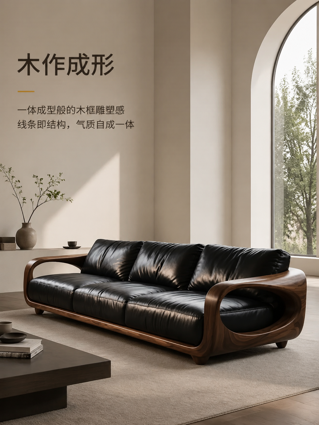 白玉楼图创 AI 生成的实木沙发详情页 01，3:4 竖版，客厅场景配「木作成形」文案